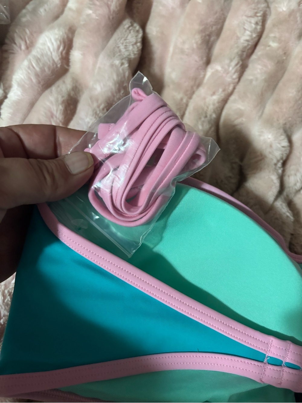 Aerie Colorblock Bandeau Bikini Set Aqua Mint Pink Trim Size Large NWOT - Picture 9 of 9